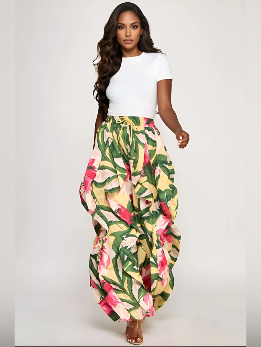 Pink Tropical Print Wavy Ruffle Pants